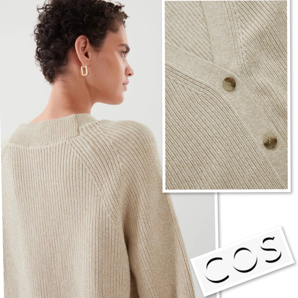 COS Longline V-Neck Cardigan Ribbed  Knit Cotton  In Cream Size S - Picture 5 of 13